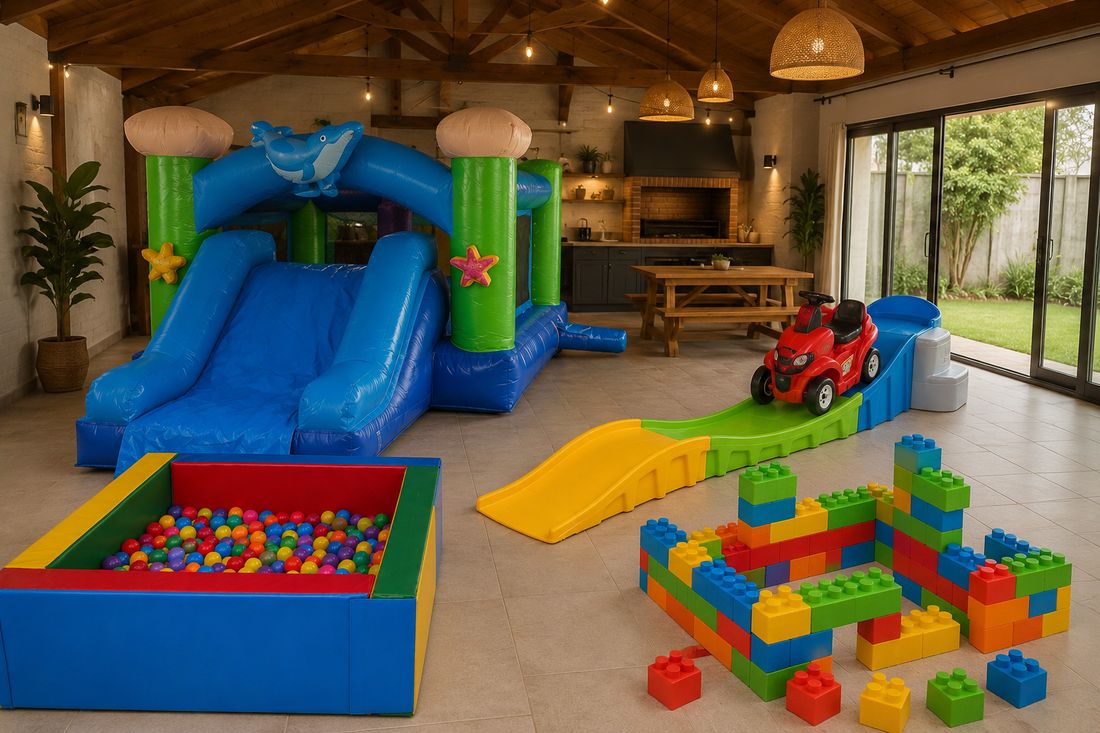 Fiesta con castillo inflable, montaña rusa, piscina de pelotas y bloques gigantes