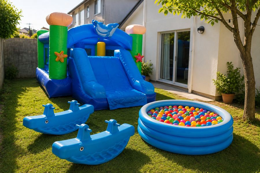 Pack Mini armado: castillo con tobogán, balancines y piscina de pelotas en un patio